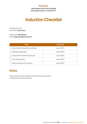 Induction Checklist Sample