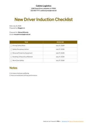 New Driver Induction Checklist Template
