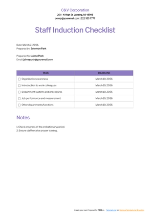 Staff Induction Checklist Template