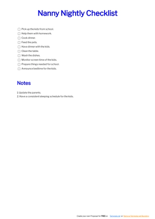 Sample Nanny Checklist Template Sample Nanny Checklist Template
