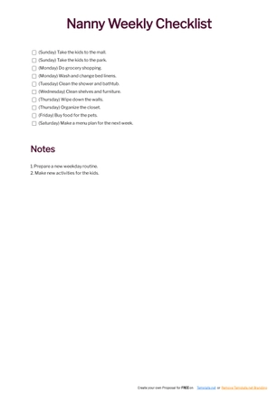 Nanny Weekly Checklist