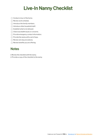 Live In Nanny Checklist Template