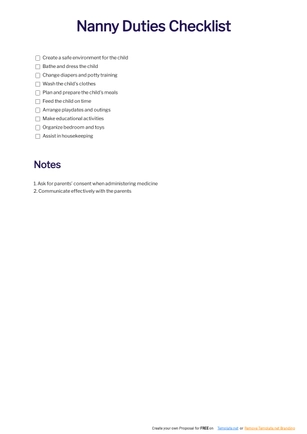 Nanny Duties Checklist Template Nanny Duties Checklist Template