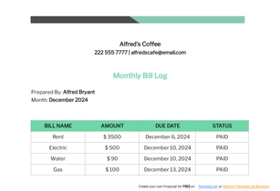Monthly Bill Log Template