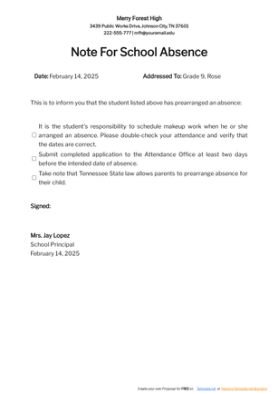Note for School Absence Template Note for School Absence Template