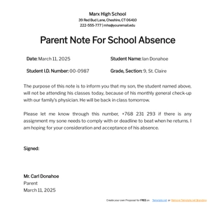 Parent Note for School Absence Template Parent Note for School Absence Template