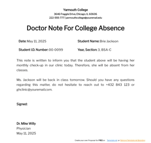 Doctors Note for College Absence Template