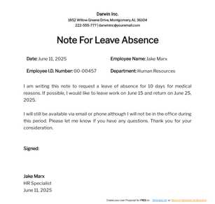 Note for Leave of Absence Template