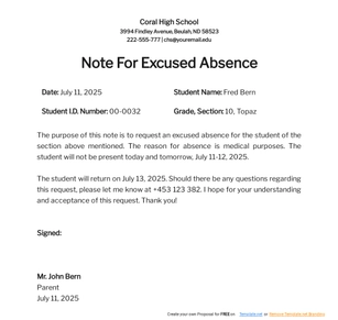 Note for Excused Absence Template Note for Excused Absence Template