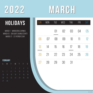 March Calendar Vector with Holidays