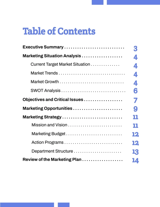 Marketing Plan Table Of Contents Template Marketing Plan Table Of Contents Template