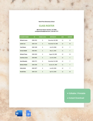 Class Attendance Roster Template