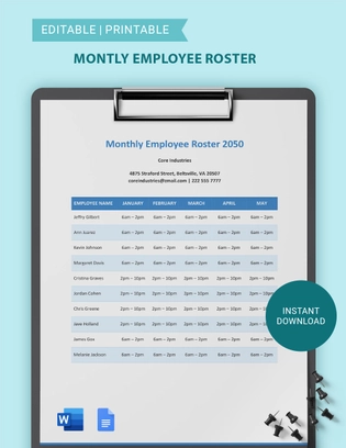Monthly Employee Roster Template