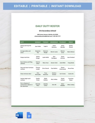 Daily Duty Roster Template