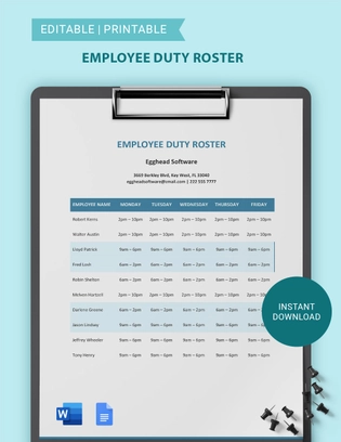 Employee Duty Roster Template