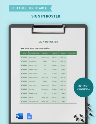 Sign In Roster Template