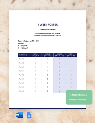 4 Week Roster Template