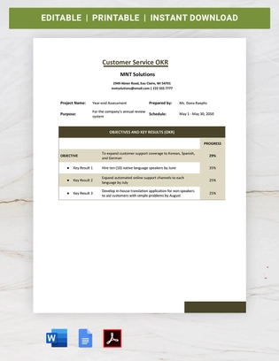 Customer Service OKR Template