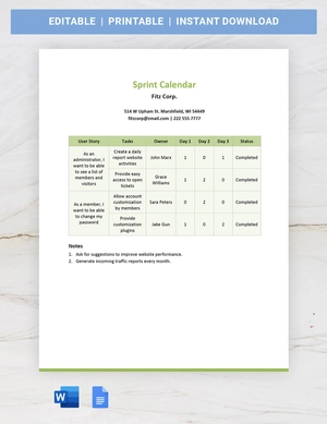Sprint Calendar Template