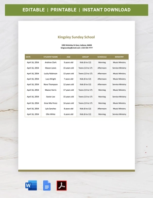 Sunday School Attendance Roster Template