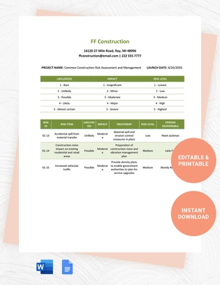 Construction Project Risk Register Template