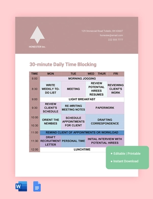 30-Minute Daily Time Blocking Template