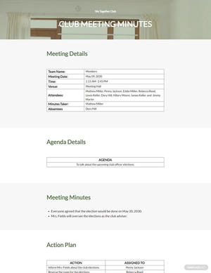 Sample Club Meeting Minutes Template