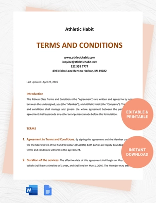 Fitness Class Terms And Conditions Template