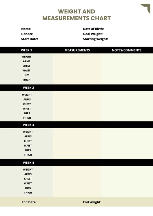 Weight And Measurements Chart Template