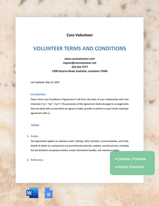 Volunteer Terms And Conditions Template