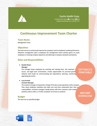 Continuous Improvement Team Charter Template