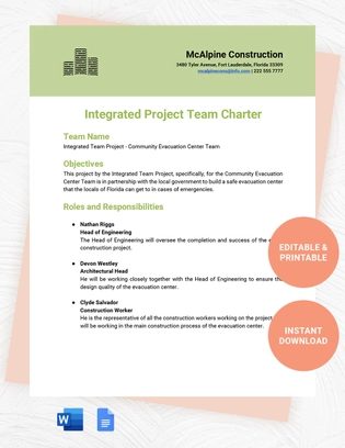 Integrated Project Team Charter Template