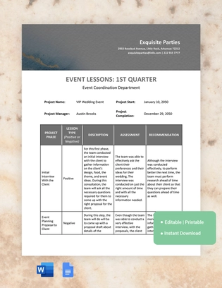 Event Lessons Learned Template
