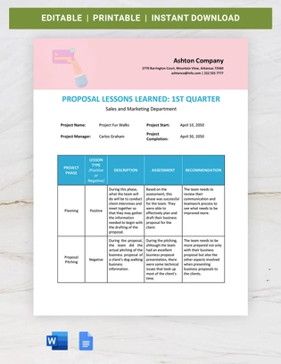 Proposal Lessons Learned Template