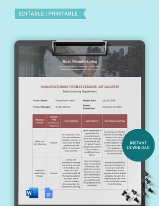 Manufacturing Lessons Learned Template