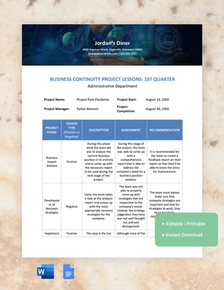 Business Continuity Lessons Learned Template