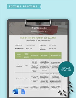 PMBOK Lessons Learned Template