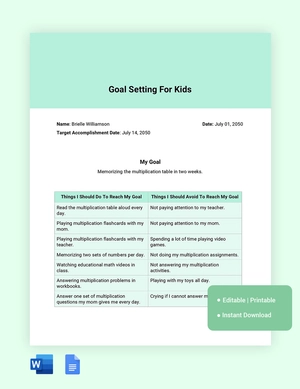 Goal Setting Template For Kids