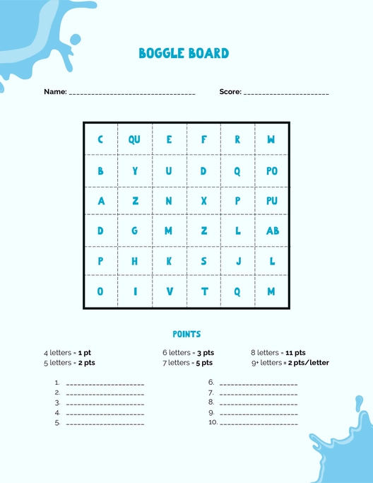 Boggle Board Template