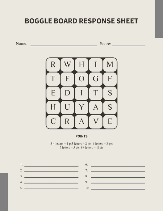 Boggle Board Response Sheet Template