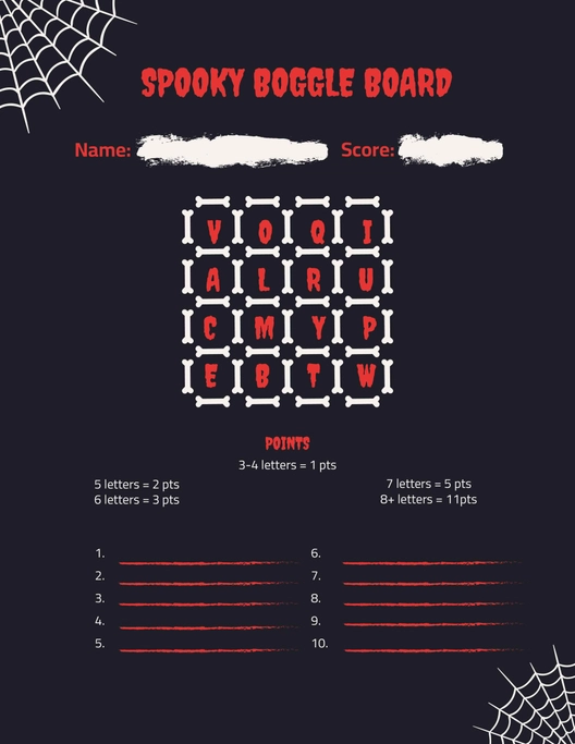 Spooky Boggle Board Template
