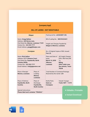 Simple Bill Of Lading Template