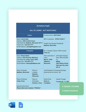Trucking Bill Of Lading Template