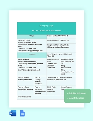 Shipper Bill Of Lading Template