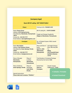 Basic Bill Of Lading Template