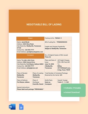Negotiable Bill Of Lading Template