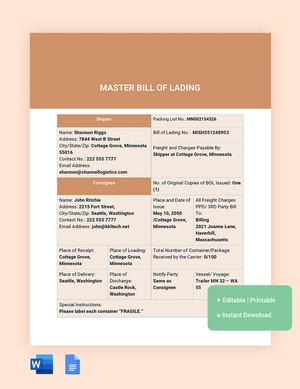 Master Bill Of Lading Template