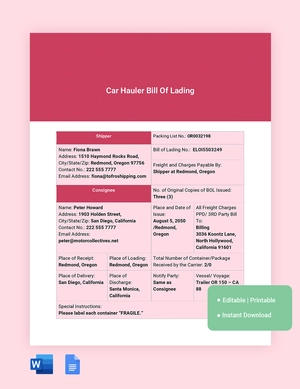 Car Hauler Bill Of Lading Template