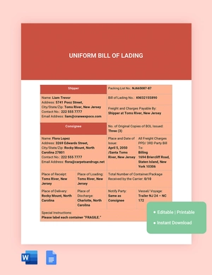 Uniform Bill Of Lading Template