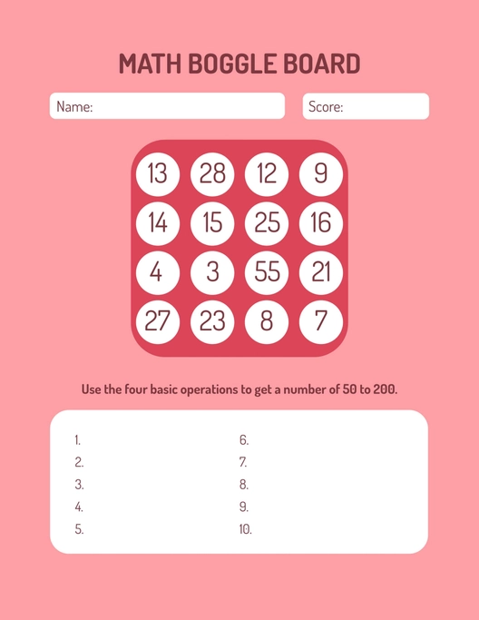 Math Boggle Board Template